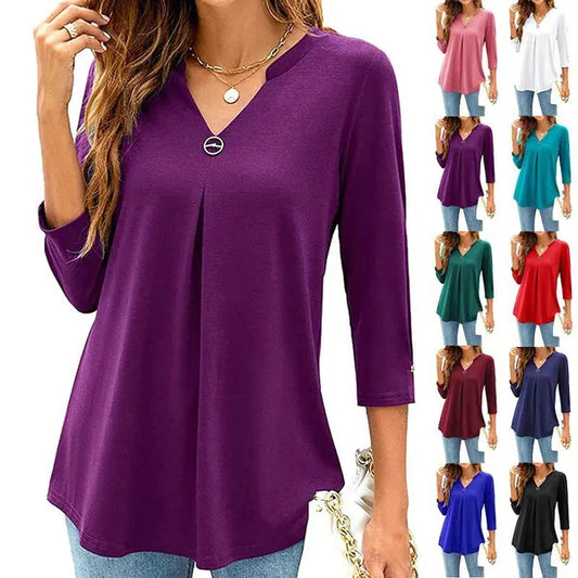 Blusas com decote em V de algodão plissada solta