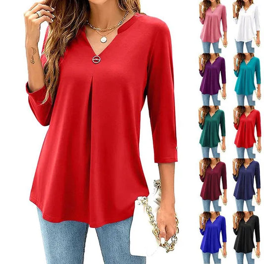 Blusas com decote em V de algodão plissada solta