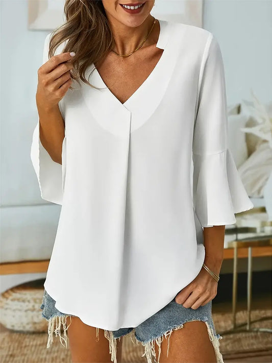 Blusas femininas de chiffon com manga franzida e decote em V