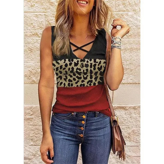 Blusa sem mangas com decote em V com estampa de leopardo