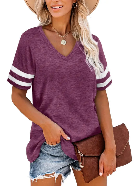 Camiseta feminina casual com decote em V colorblock listrada