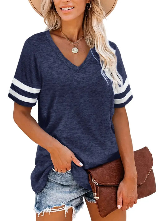 Camiseta feminina casual com decote em V colorblock listrada