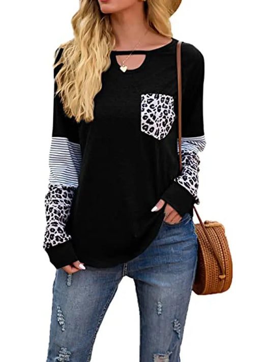 Camiseta feminina manga longa túnica casual colorida em blocos soltos