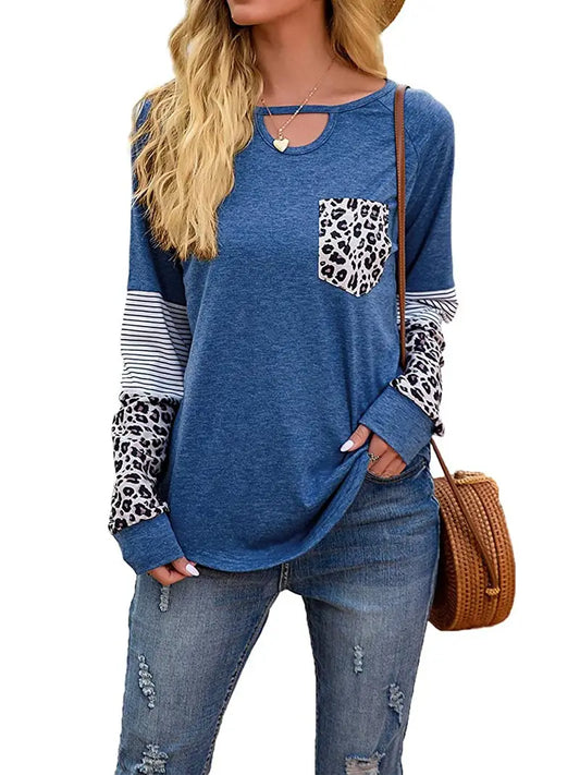 Camiseta feminina manga longa túnica casual colorida em blocos soltos