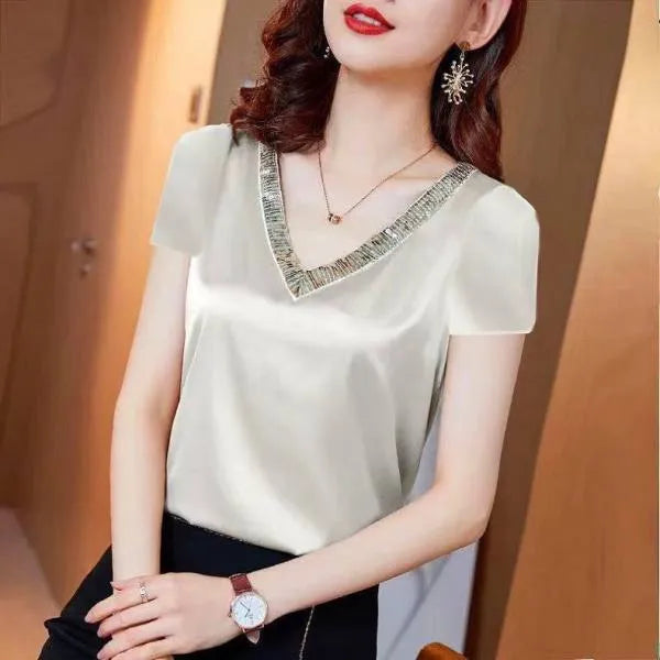 Blusas Moda Feminina 2023 de Seda com decote em V Setim