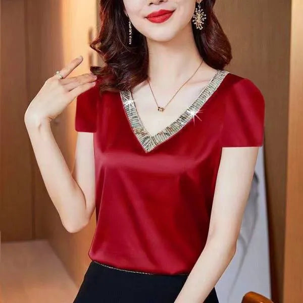Blusas Moda Feminina 2023 de Seda com decote em V Setim