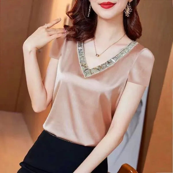 Blusas Moda Feminina 2023 de Seda com decote em V Setim