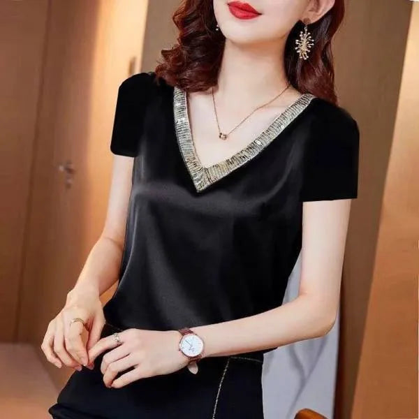 Blusas Moda Feminina 2023 de Seda com decote em V Setim