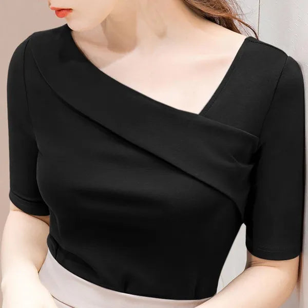 Blusa de manga elegante  de escritório com decote irregular