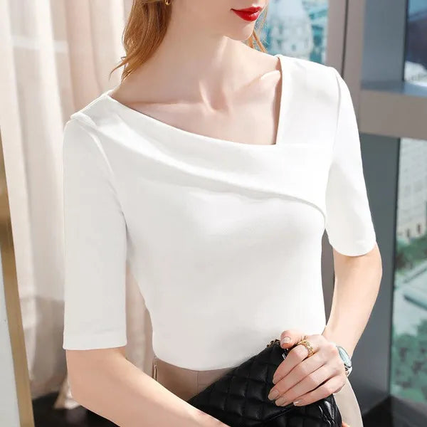 Blusa de manga elegante  de escritório com decote irregular