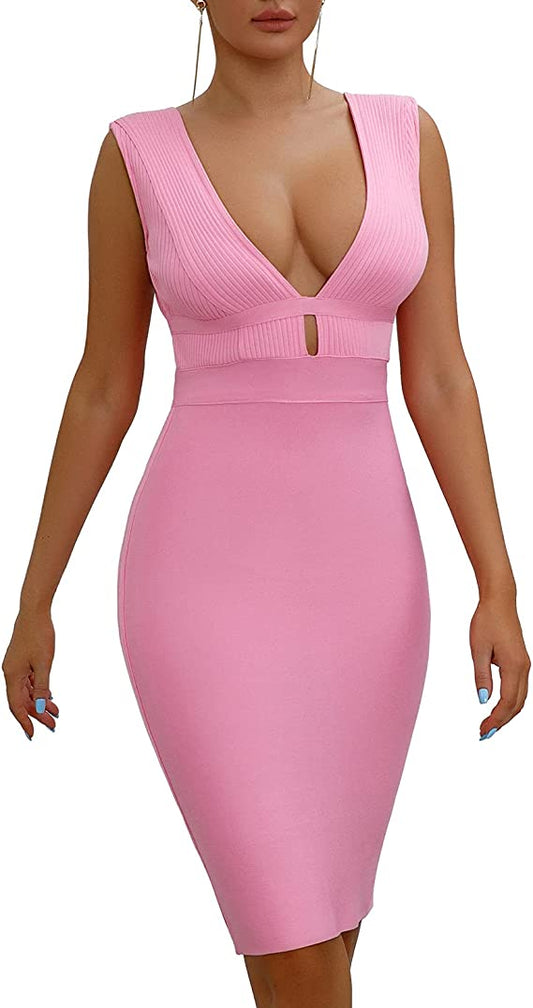 Vestido bandagem sexy com decote em V profundo Bodycon de festa